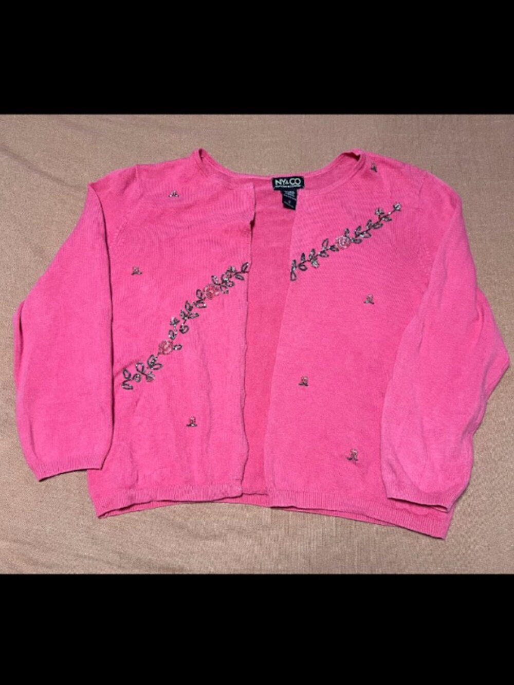 NY&CO Cotton SZ S Pink Bead Embroidery Sweater Cottagecore Balletcore